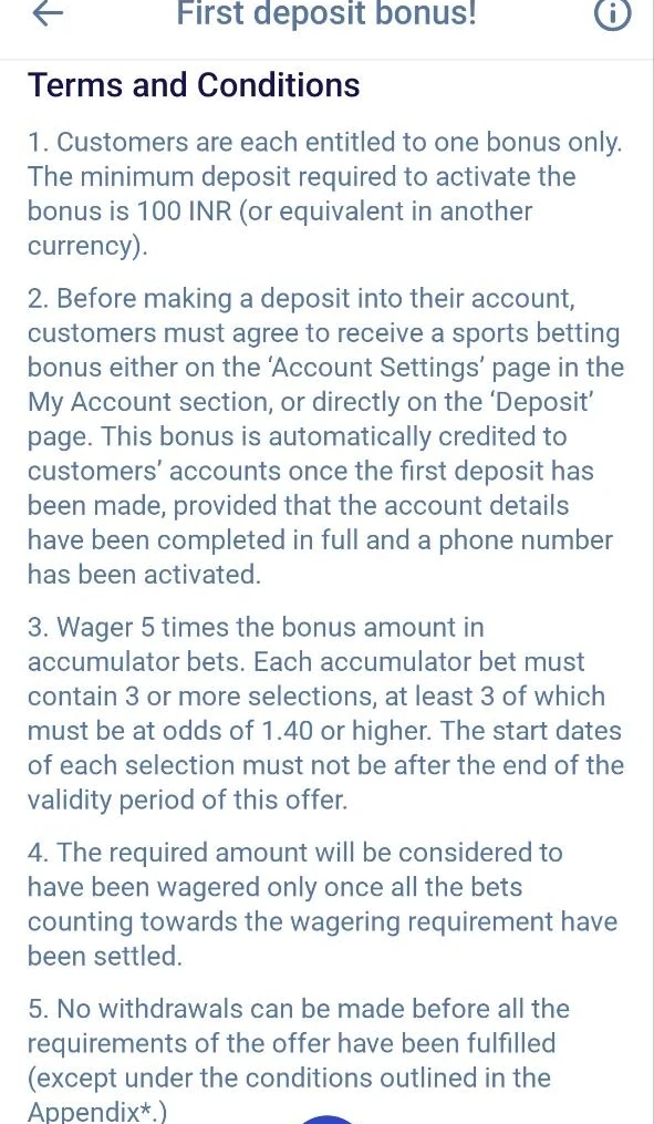 Paripesa first deposit bonus terms: 100 INR minimum, opt in first, 5 times in accumulators at 1.40 or higher