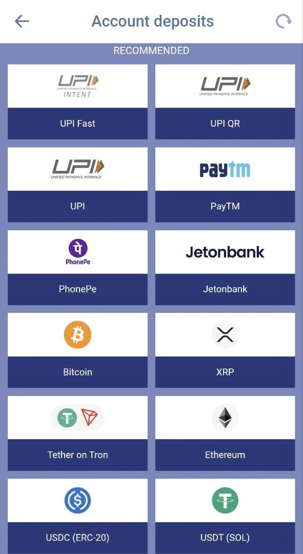 Paripesa Account deposits screen: UPI Fast, UPI QR, UPI, PayTM, PhonePe, Jetonbank and crypto