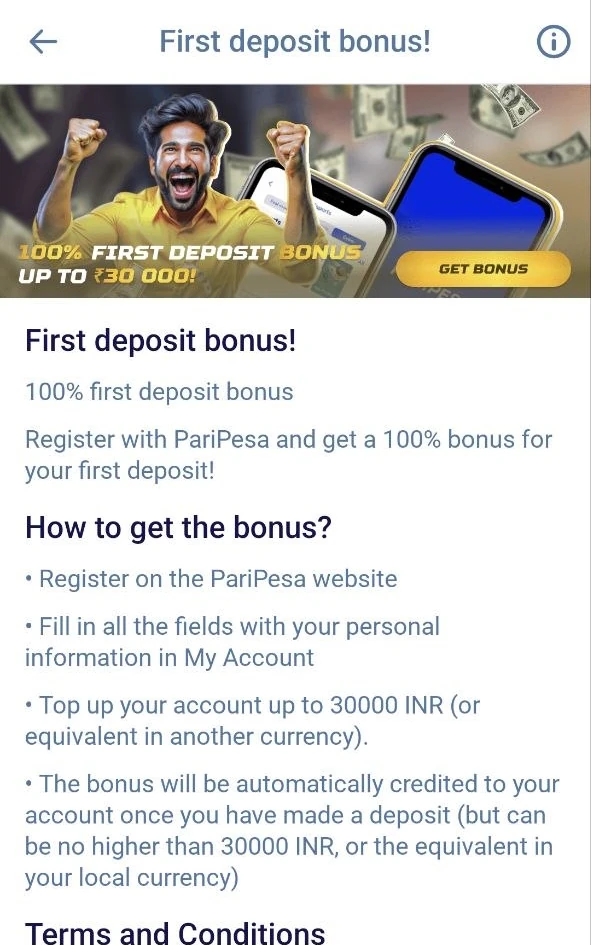 Paripesa first deposit bonus page: a 100% bonus on your first deposit, up to 30,000 INR