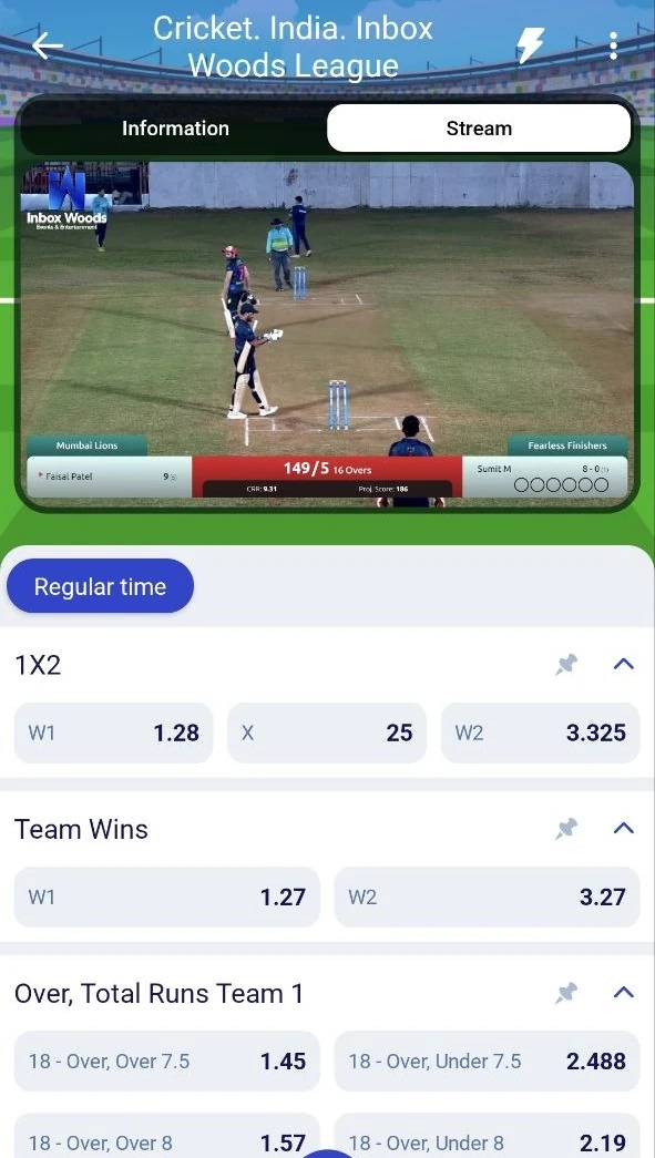 Paripesa Stream tab showing live pictures of an Inbox Woods League match above its markets