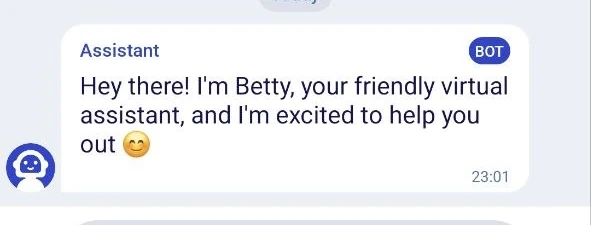 Paripesa support chat opening with Betty, a virtual assistant