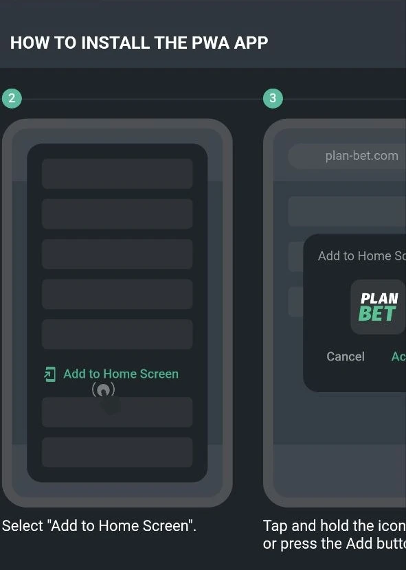 Planbet web-app guide: select Add to Home Screen, then tap Add