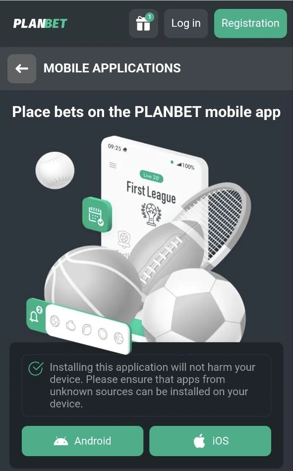 Planbet Mobile applications page: Place bets on the PLANBET mobile app, with Android and iOS buttons