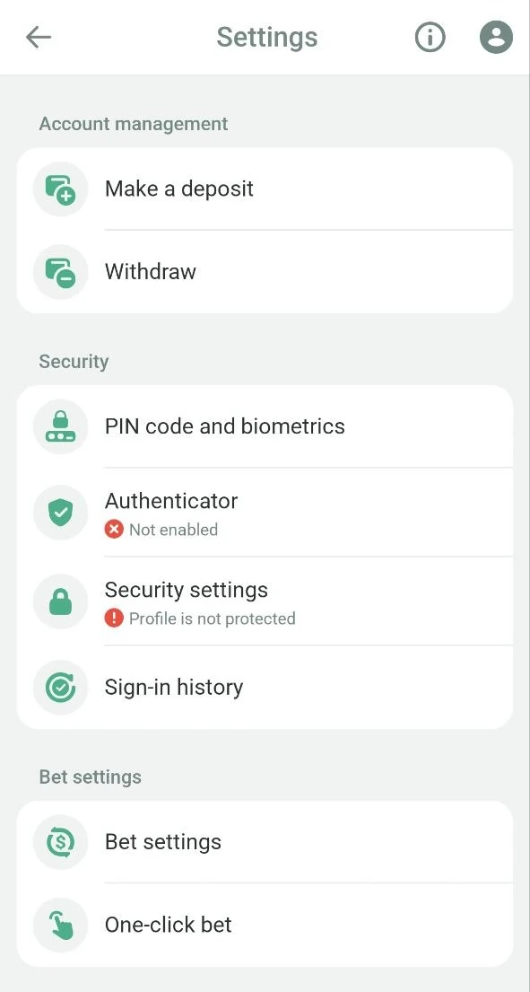 Planbet app settings: deposit, withdraw, PIN code and biometrics, authenticator, sign-in history, bet settings