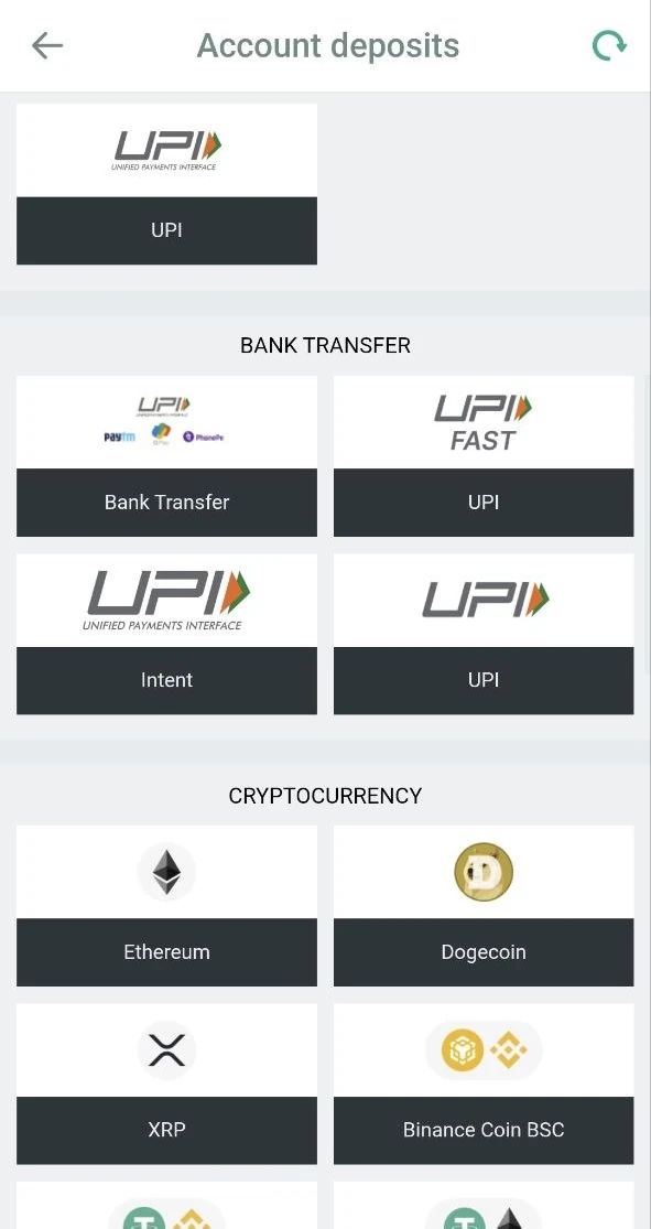 PlanBet deposit cashier with UPI tiles, then the cryptocurrency section with Ethereum, Dogecoin, XRP and Binance Coin BSC
