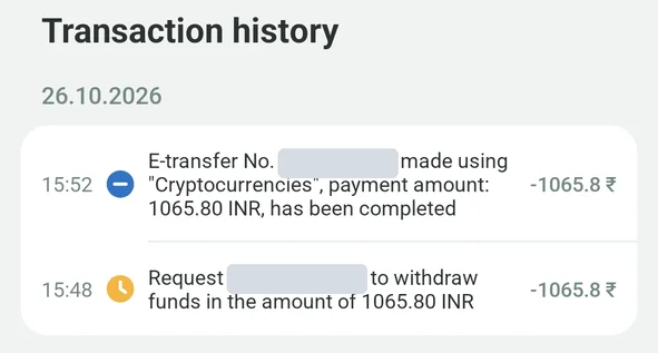 PlanBet transaction history with our ₹1,065.80 withdrawal requested at 15:48 and completed by crypto at 15:52 on 26 Oct 2026