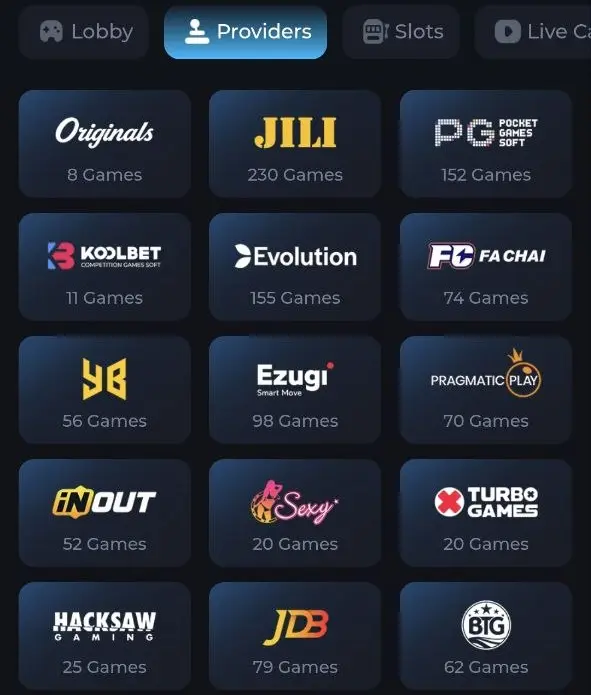 Rs9 casino providers, each tile showing its number of games