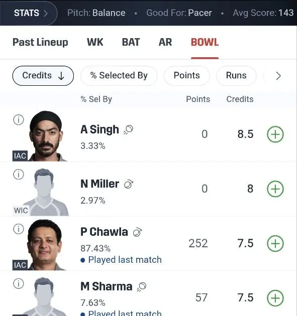 Rs9 fantasy team builder with WK, BAT, AR and BOWL tabs, player points and credits