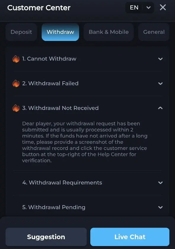 Rs9 help centre answer saying a withdrawal is usually processed within 2 minutes