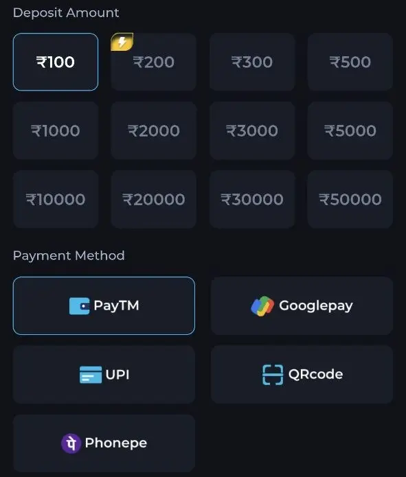 Rs9 rupee deposit page with amount buttons from ₹100 to ₹50,000 and five payment methods