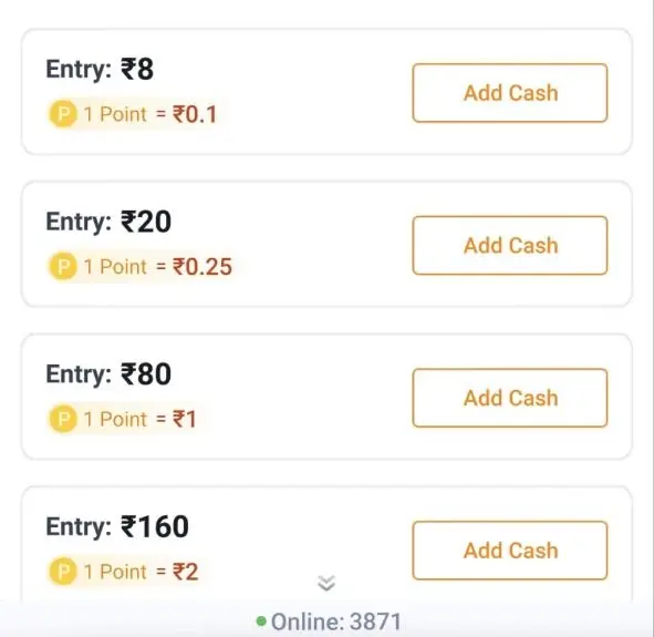 Rs9 rummy points tables with entries of ₹8, ₹20, ₹80 and ₹160