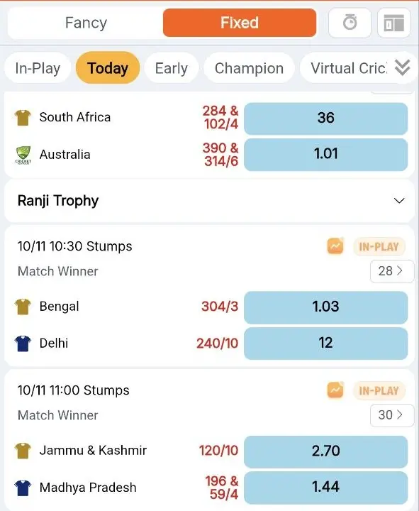 Rs9 Sports page, Fixed tab, with Ranji Trophy match-winner prices during play
