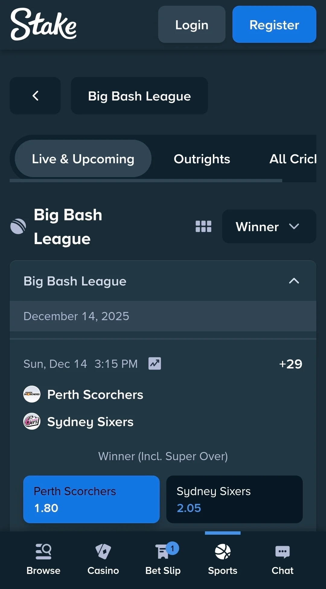 Stake mobile app displaying live cricket betting options