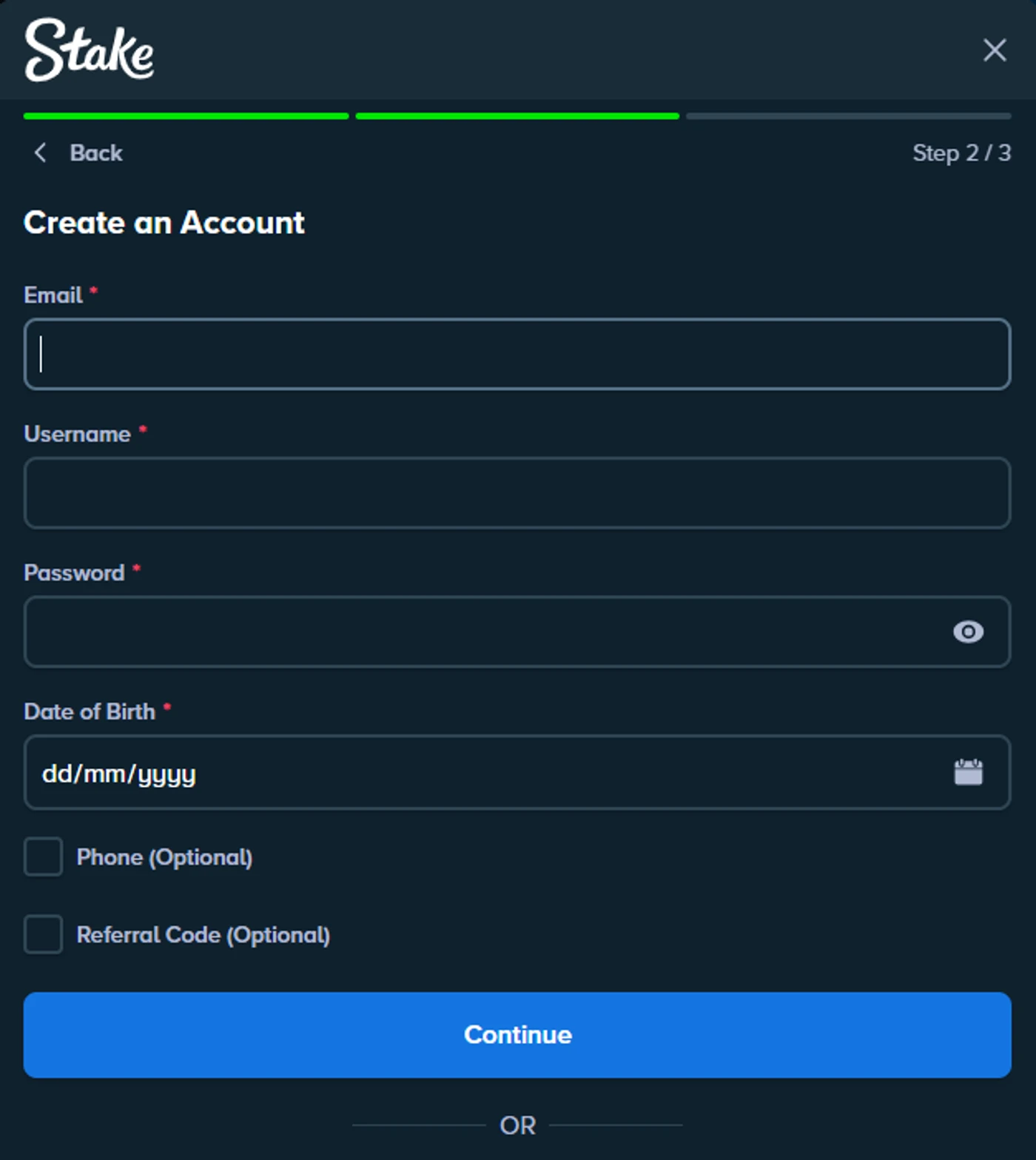Stake registration form for new Indian players