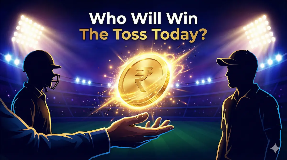 cricket toss prediction graphic showing coin flip for today match analysis