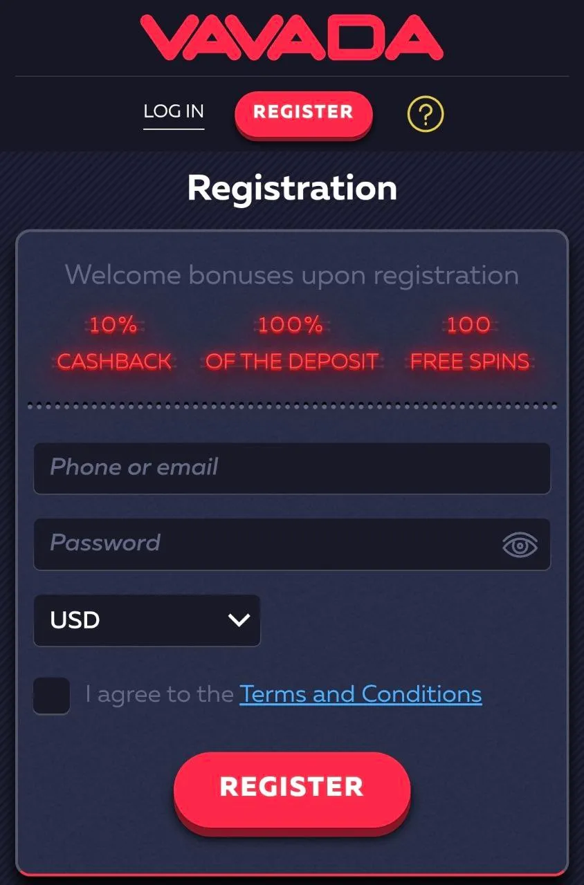 Vavada registration page showing welcome bonuses including 10% cashback, 100% deposit bonus and 100 free spins