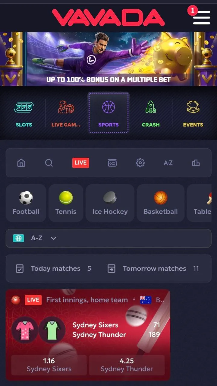 Vavada India mobile app showing live cricket betting with Sydney Sixers vs Sydney Thunder match odds