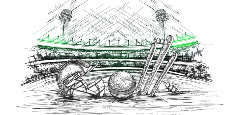 Cartoon cricket stadium with helmet and ball